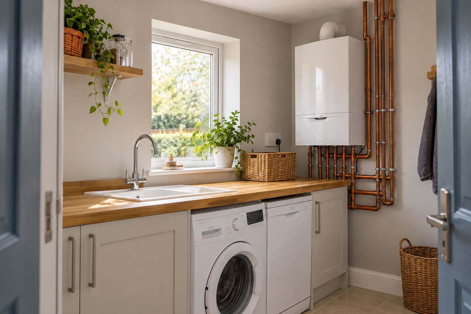 A neatly fitted boiler and exposed copper pipework in a sunlit domestic utility room.