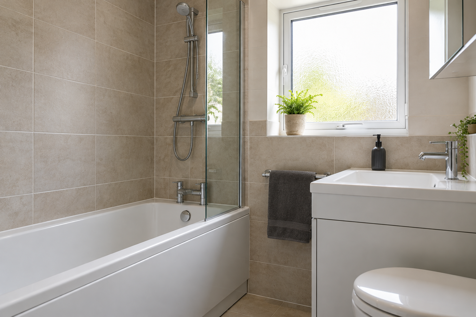 A completed bathroom with a bath, glass shower screen, basin and neutral tiling in natural window light.